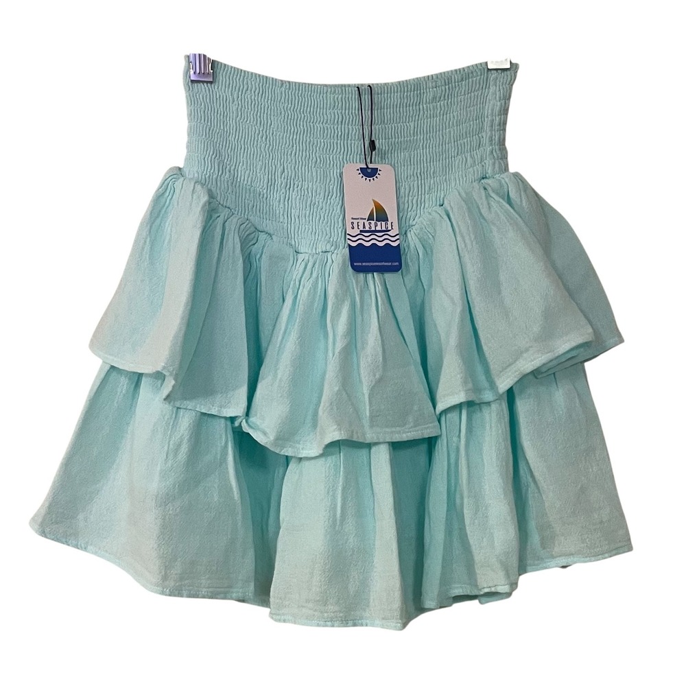 Seaspice Resort Wear Womens Blue Smocked Tiered Ruffle Mini Skort Beach Chic‎ M